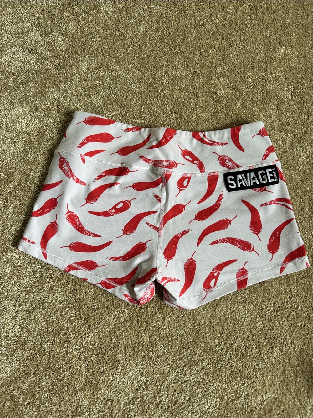 Savage Barbell Women's White Athletic Shorts with Red Chili Print